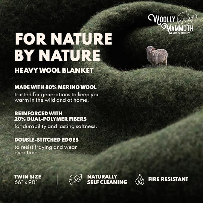 Woolly Mammoth Woolen Company Merino Wool Throw Blanket - 66 x 90 in, Hunter Green - Heavyweight Breathable Camping Blankets - Insulated for Hammock Camping - Washable Wool for Hunting Essentials