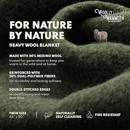 Woolly Mammoth Woolen Company Merino Wool Throw Blanket - 66 x 90 in, Hunter Green - Heavyweight Breathable Camping Blankets - Insulated for Hammock Camping - Washable Wool for Hunting Essentials