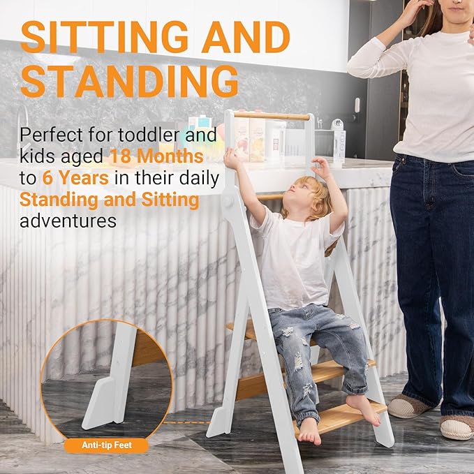 COSYLAND Foldable Toddler Standing Tower - Adjustable Height Folding Step Stool Kids Toddler Kitchen Stool Helper for Learning and Cooking - Ages 18 Months to 6 Years with Safety net Natural & White
