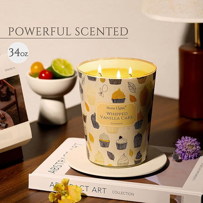 HomeLights Soy Wax Candles for Home Scented, 3-Wick Candles in Whipped Vanilla Cake Scented, Rustic Modern Aromatherapy Candles Gift for Parties, Relaxing, 34oz