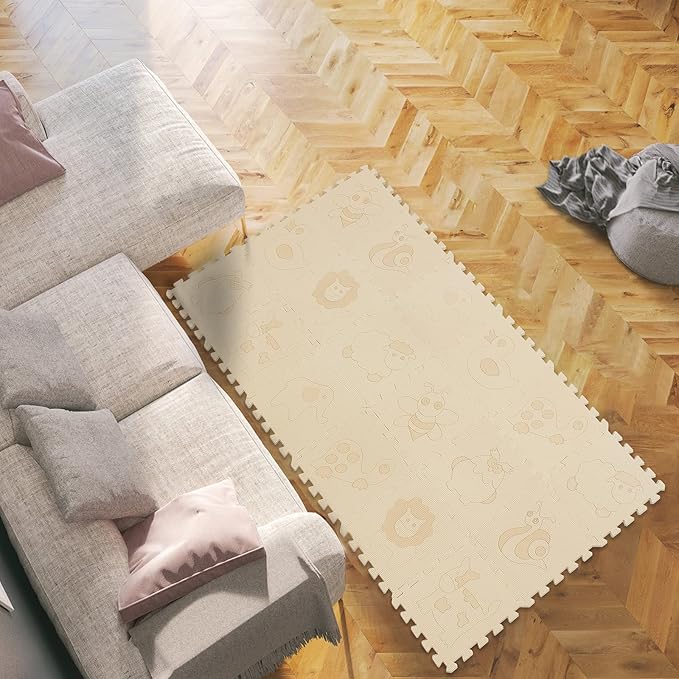 qqpp EVA 18 Tiles Baby Play Mat for Playing, Interlocking Foam Floor Mats for Tummy Time & Crawling, Puzzle Flooring Tiles with Animals Laser Pattern for Kids. Beige. QL-11(J) b18N