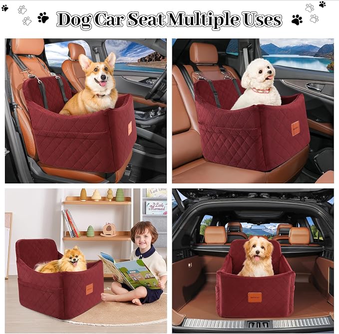 Dog Booster Car Seat for Dogs up to 35lbs, Safety Pet Car Seats with Anti-Slip Bottom, Travel Booster Dog Bed with 2 Storage Pockets (Wine Red, Medium)