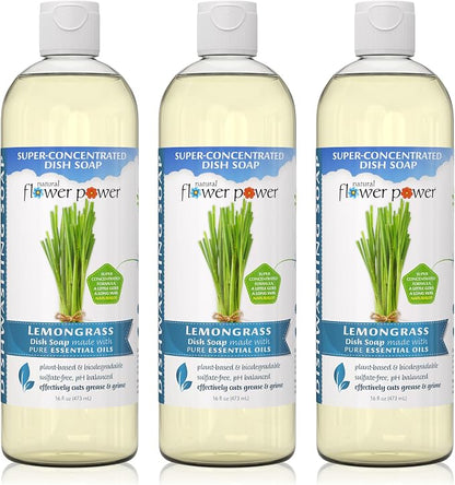 Natural Flower Power Liquid Dish Soap – Lemongrass – Plant-Based & Scented w/ Pure Essential Oils – Natural Liquid Dishwashing Detergent – Sulfate-Free Gentle Kitchen Soap – Vegan (16 Fl Oz 3 Pack)
