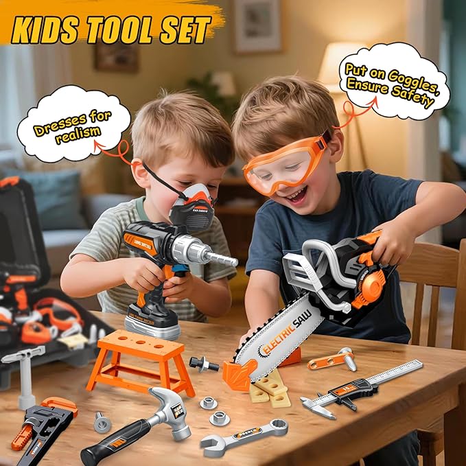 Kids Tool Set Toys, 48 Pcs Toddler Tool Set with Portable Tool Box, Electronic Toy Drill & Electric Chainsaw, Construction Tools Gifts for Boys Aged 3 4 5 6 7, Christmas Birthday Gifts for Toddlers