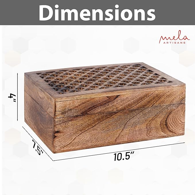 Mela Artisans Wooden Keepsake Box | Medium Burnt Mango Wood Memory & Photo Storage Box with Hinged Lid | Decorative Storage Box | Extra Large | 10.5x7.5x4 Inch