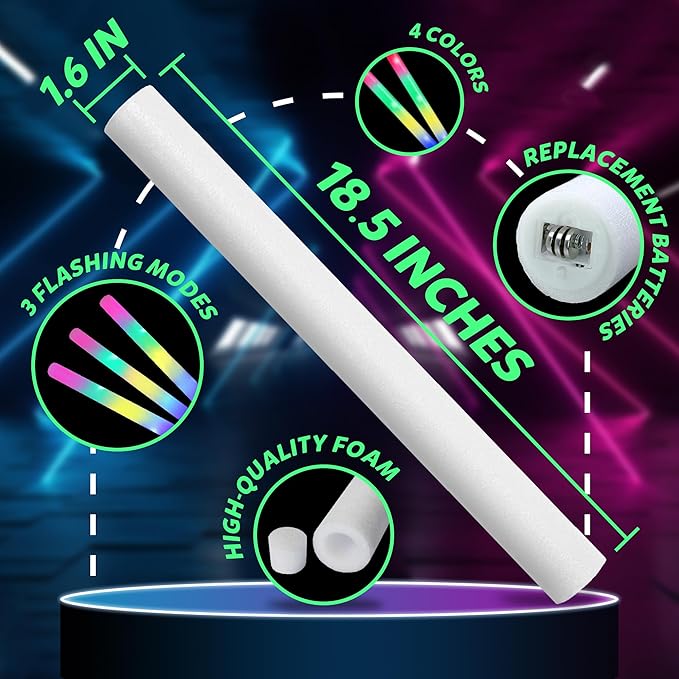 100 Pcs 18.5 inch Foam Glow Sticks Bulk, 4 Color LED Light Foam Sticks, Glow In The Dark Party Supplies, 3 Modes Colorful Flashing for Birthday Wedding Easter Halloween Christmas