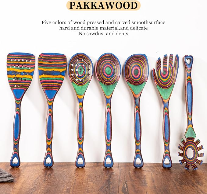 Gudamaye Pakkawood 7-Piece Wooden Cooking Utensils, Wooden Spoons