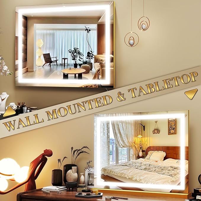 ROLOVE Gold Vanity Mirror with Lights 23x18 Inch, 3-Color Dimmable LED & Touch