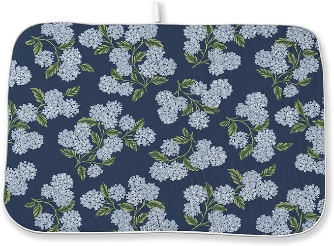 Navy Blue Dish Drying Mat 18x24 Inch Blue Green Vintage Floral Hydrangea Flower