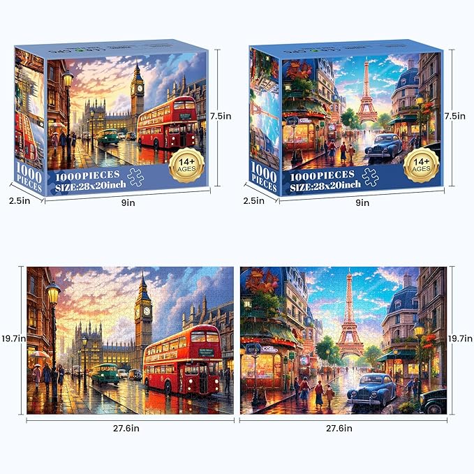 2 Pack Puzzles for Adults 1000 Pieces-Big Ben and Eiffel Tower Difficult Jigsaw Puzzles for Adults,Hard Jigsaw Puzzle Decorations DIY Leisure Game Toy Suitable Family Friends(27.5x20 inches)