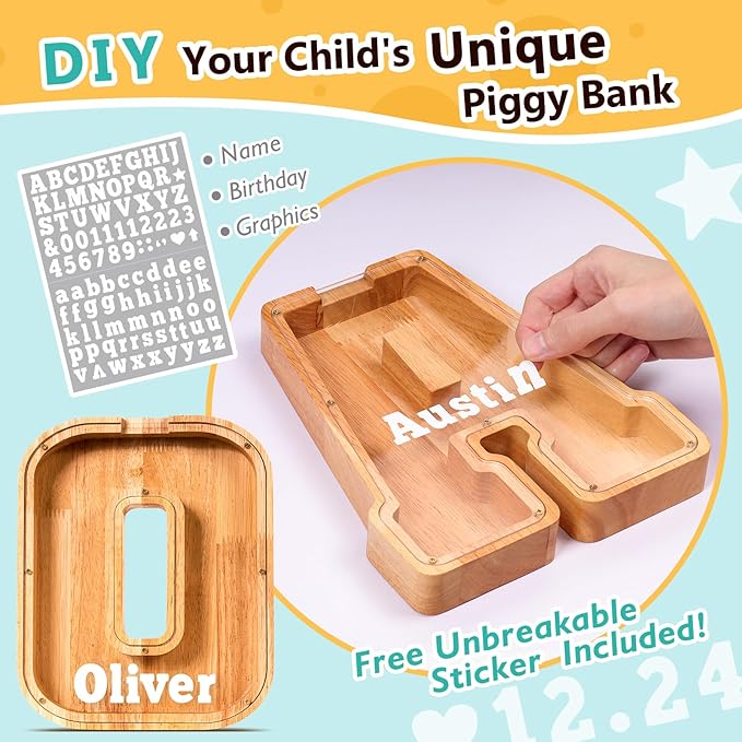 SummiDate Wooden Letter Piggy Bank| Piggy Bank for Boys Girls Toddler| Alphabet O Money Bank| Coin Bank Birthday Gift for Kids|Birthday Gift for Kids (O)