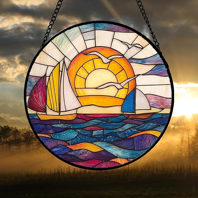 DASTOLL Stained Glass Window Hanging, Sailboat and Waves Suncatcher Diamond
