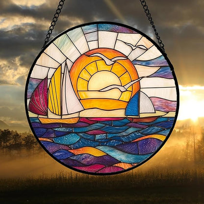 DASTOLL Stained Glass Window Hanging, Sailboat and Waves Suncatcher Diamond