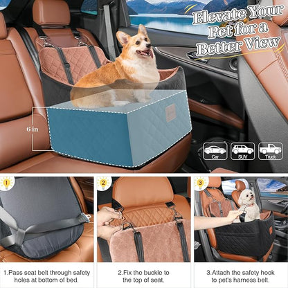 Dog Car Seat for Small/Medium Dogs, Memory Foam Dog Booster Seat, Travel Safety Pet Car Seat with Washable Removable Cover, Storage Pockets for Dogs up to 35 lbs((Black/Brown, Medium)