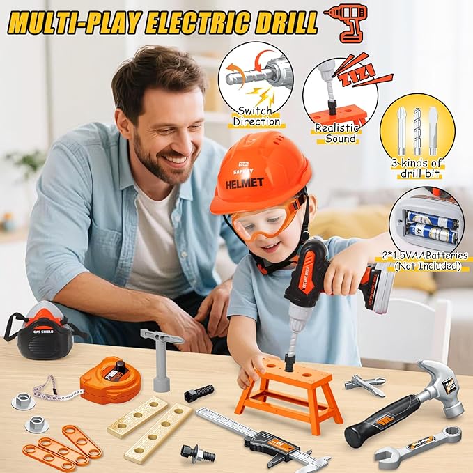 Kids Tool Set Toys, 48 Pcs Toddler Tool Set with Portable Tool Box, Electronic Toy Drill & Electric Chainsaw, Construction Tools Gifts for Boys Aged 3 4 5 6 7, Christmas Birthday Gifts for Toddlers