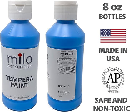 milo Washable Paint for Kids | 12 Colors 8 oz Bottles | Made in the USA | Safe and Non-Toxic Tempera Paint for Art & Craft, Poster, Window for Toddlers, Children, Classroom, School