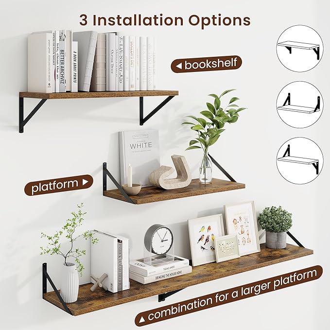 Axeman Deep Floating Shelves | 24 Inch Brown Wall Shelves Set of 2 | 10 Inch