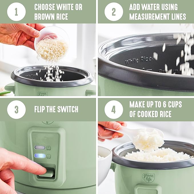GreenLife Rice Cooker with Removable PFAS-Free Ceramic Nonstick Pot, 3-Cups