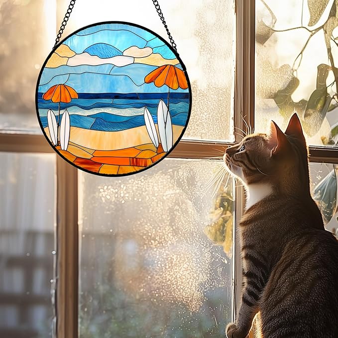 AMDERVEN Stained Glass Window Hanging 4 Pcs Set Blue Ocean Surfing Beach 9.8"