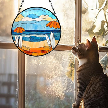 AMDERVEN Stained Glass Window Hanging 4 Pcs Set Blue Ocean Surfing Beach 9.8"