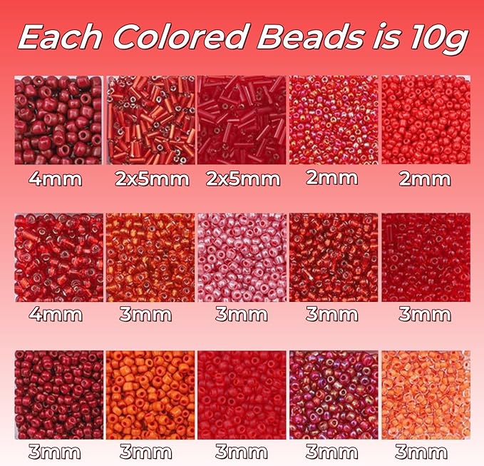 15 Color 4mm Small Assorted Glass Seed Beads,3mm Bugle Beads Friendship Bracelet Kit,2mm Tiny Tube Bead for Jewelry Making(Red)