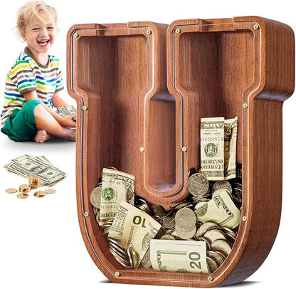 Summidate Large Wooden Piggy Bank for Kids Adults, Alphabets Letter A-Z Piggy Bank for Boys Girls, Coins Bills Change Bank Box Personalized Initial Name Kids Money Bank for Birthday Present and Decor