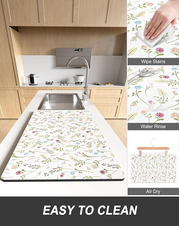 Rnivvi Dish Drying Mat for Kitchen Counter, 12 x 19" Cute Flower Theme Super
