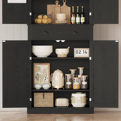 IRONCK Kitchen Pantry Storage Cabinet 83.9" H, with Barn Doors, Drawer, 4 Adjustable Shelves, Freestanding Cupboard for Dining Room Living Room, Laundry, Black
