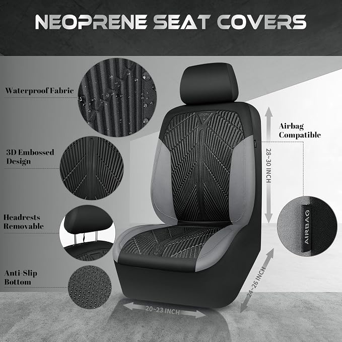 CAR PASS Waterproof Black Gray Car Seat Covers Front Seat Covers Neoprene Wetsuit,All-Weather Non-Slip Durable,Universal Fit for SUV Sedans Trucks Van Automotive,Airbag Compatible,3D Emboss Black Gray