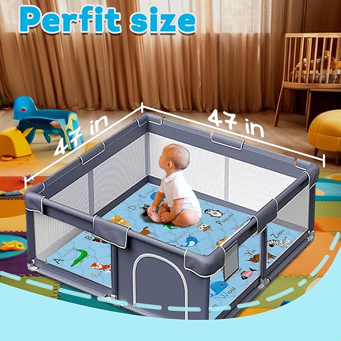 Baby Play Mat，Thick Soft 47" X 47" Playpen mat, Non-Slip and Machine Washable Baby Play Mats for Floor，Crawling Mat for Babies, Toddlers & Infants to Play and Learn (Blue Animal)