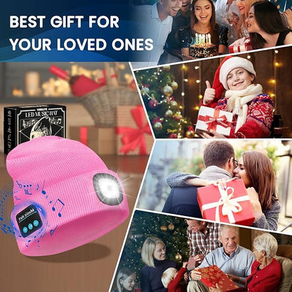 Bluetooth Beanie Hat with Light, USB Rechargeable LED Headlamp with Wireless Headphones, Gifts for Men, Him, Husband, Boyfriend, Dad Gifts for Dad, Husband, Father, Pink