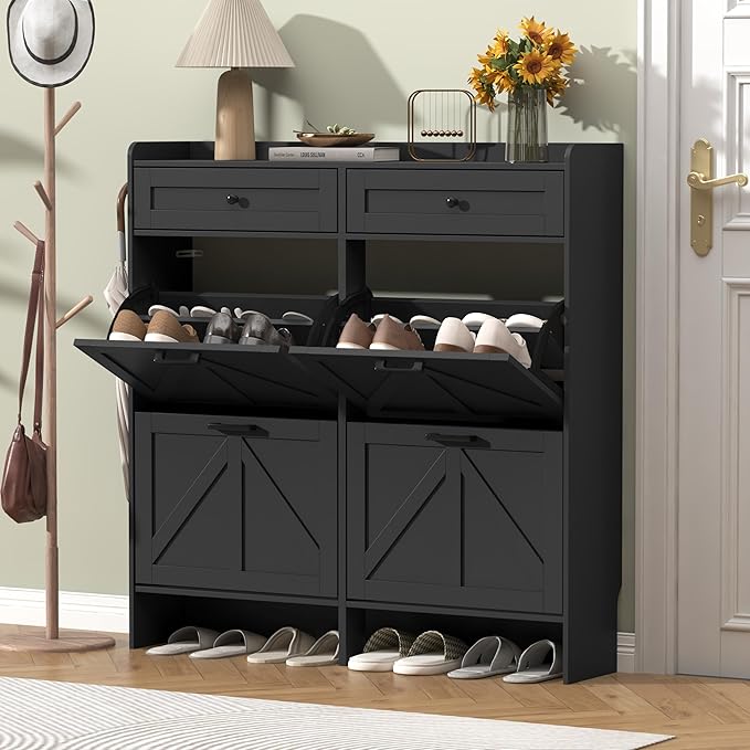 Shoe Cabinet with 4 Flip Drawers & 2 Storage Drawers, Rustic Farmhouse Narrow