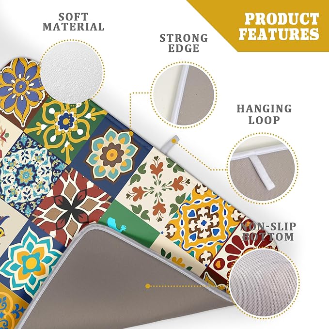Giwawa Mexican Tile Dish Drying Mat 18"x24" Talavera Boho Floral Print Dish