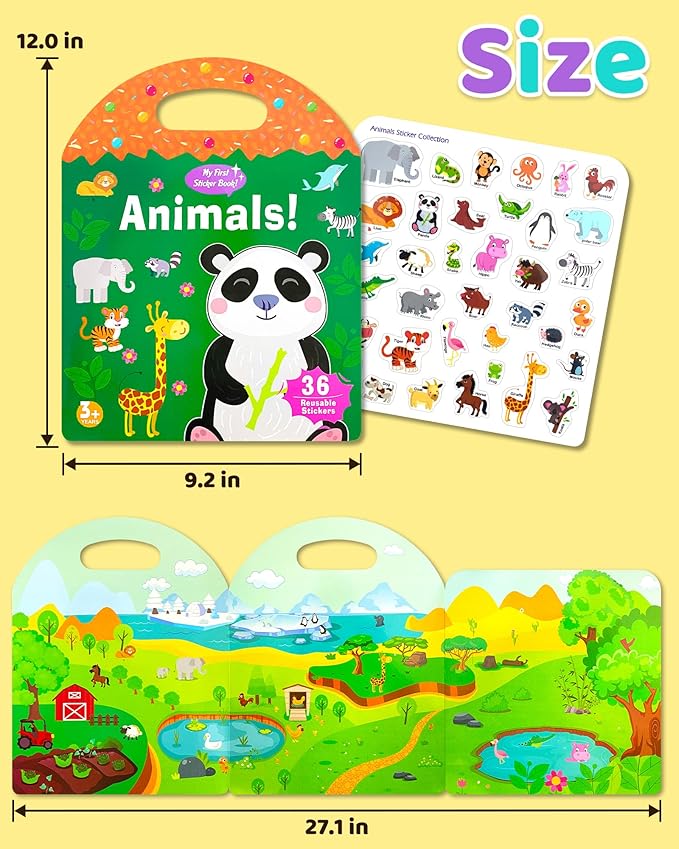 Benresive Reusable Sticker Books for Kids 2-4, Sticker Books for Toddlers 1-3 2-4, Toddler Travel Toys Activities Crafts Gifts - Animals