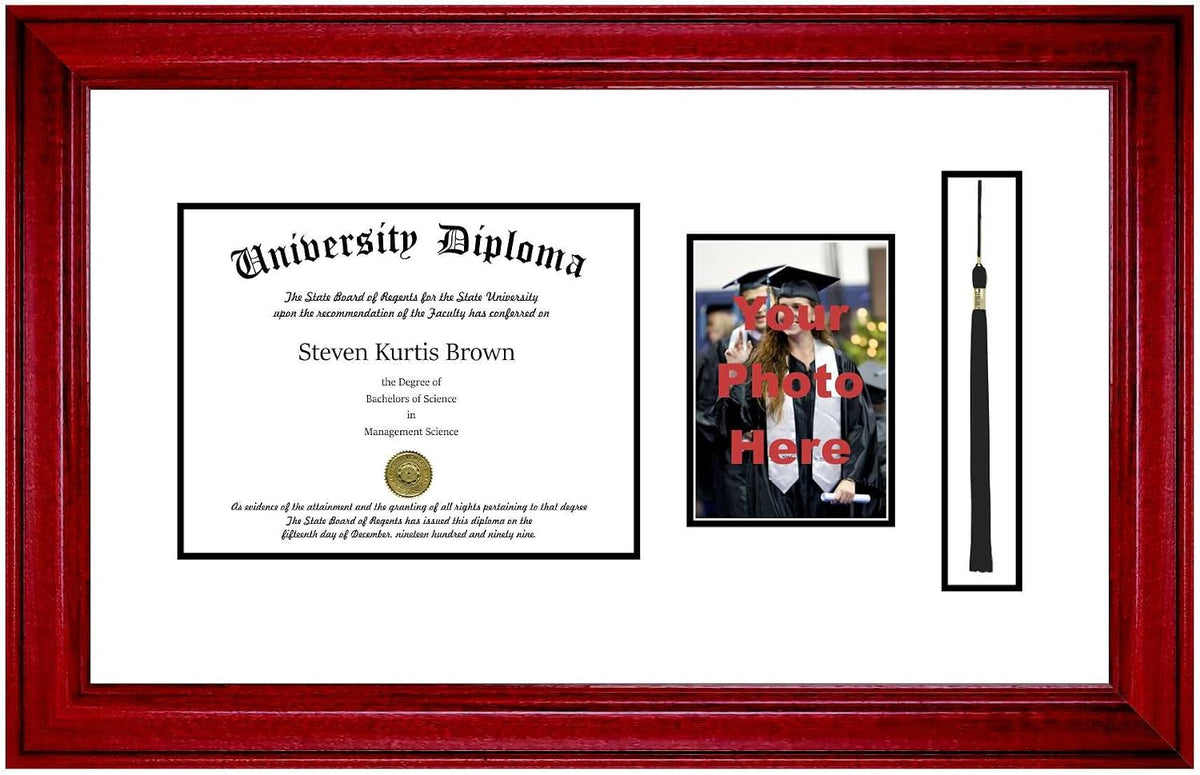 Single Diploma Frame with 5x7 Photo, Tassel and Double Matting for 8.5" x 11" Tall Diploma with Cherry 2" Frame