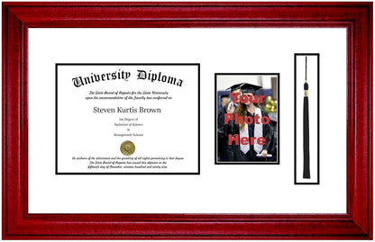 Single Diploma Frame with 5x7 Photo, Tassel and Double Matting for 8.5" x 11" Tall Diploma with Cherry 2" Frame