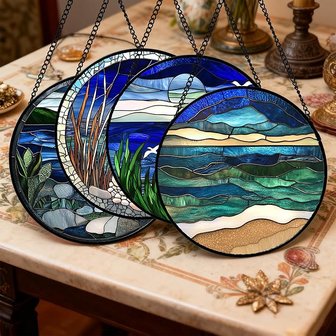 AMDERVEN Stained Glass Window Hanging 4 Pcs Set Navy Blue Ocean Landscape Large