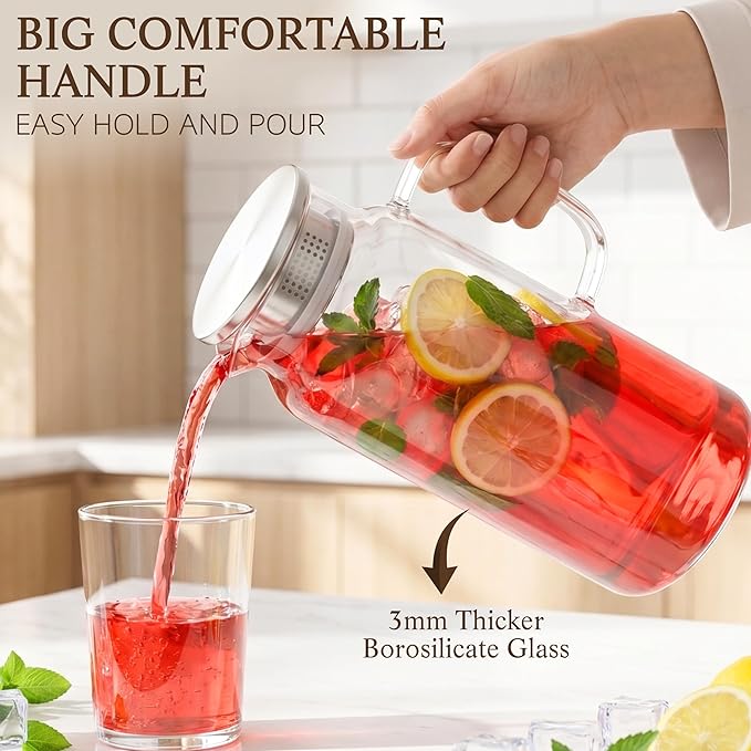 2 Pack Glass Pitcher with Lid and Handle, 68oz 2 Liter Borosilicate Glass Water