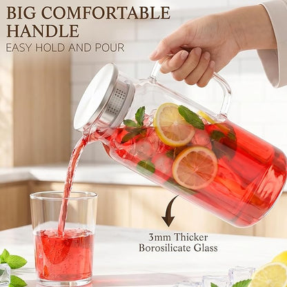 2 Pack Glass Pitcher with Lid and Handle, 68oz 2 Liter Borosilicate Glass Water