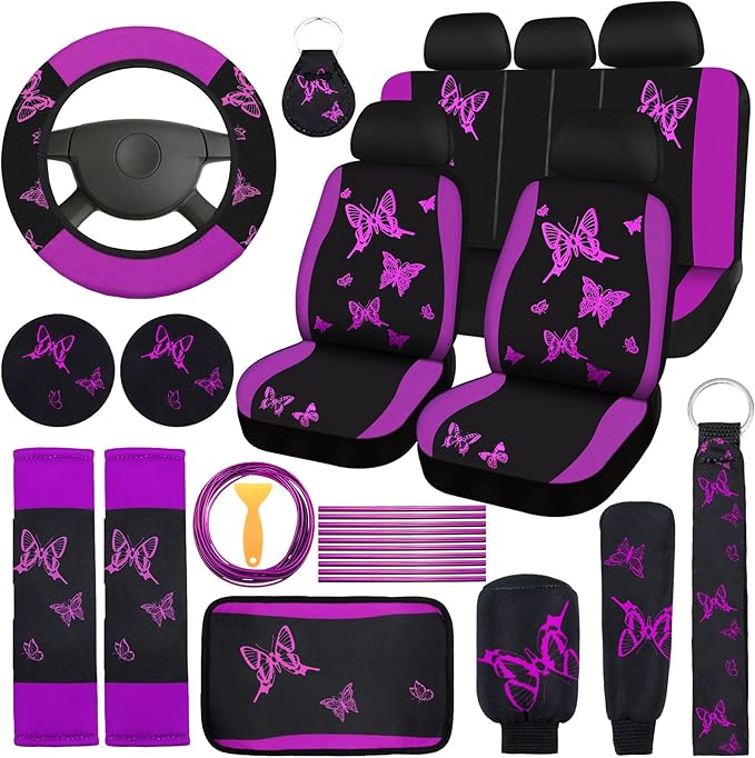 BBTO 43 Pcs Butterfly Car Seat Full Set Butterfly Car Accessories for Women 5 Front Rear Seat Covers Wrist Strap 2 Pcs Cup Mat Armrest Pad 2 Belt Xmas Cover Accessories for SUV(Purple, Black)