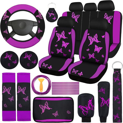 BBTO 43 Pcs Butterfly Car Seat Full Set Butterfly Car Accessories for Women 5 Front Rear Seat Covers Wrist Strap 2 Pcs Cup Mat Armrest Pad 2 Belt Xmas Cover Accessories for SUV(Purple, Black)