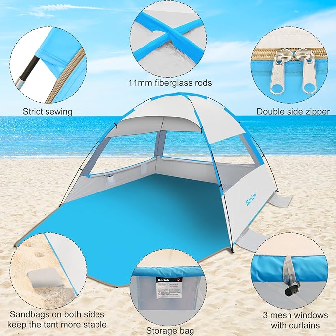 Gorich Beach Tent Sun Shelter for 3/4-5/6-7/8-10 Person with UPF 50ï¼?UV Protection, Lightweight & Easy Setup Beach Shade Canopy, Portable Beach Shade Tent Beach Cabana