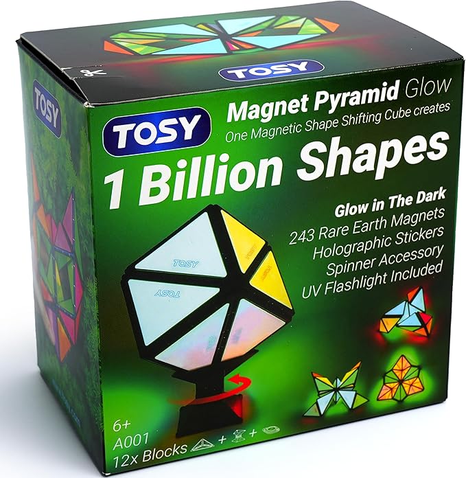 TOSY Magnet Pyramid Glow - 1 Cube Transforms into 1 Billion Shapes, 12 Pieces, 243 Rare Earth Magnets, Glowing, Holographic Design Magnet Tiles Creative Puzzle STEM/STEAM Toy