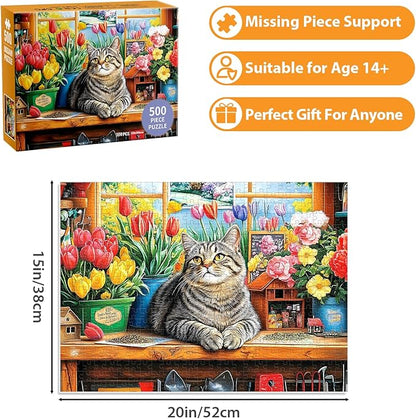 Puzzles for Adults 500 Pieces,Cute Cats Puzzle for Adults,Flower & Kittens Jigsaw Puzzles,Recyclable Cardboard Puzzles for Seniors Kids Teen,Puzzle for Family Game Nights, 20.5x15 in