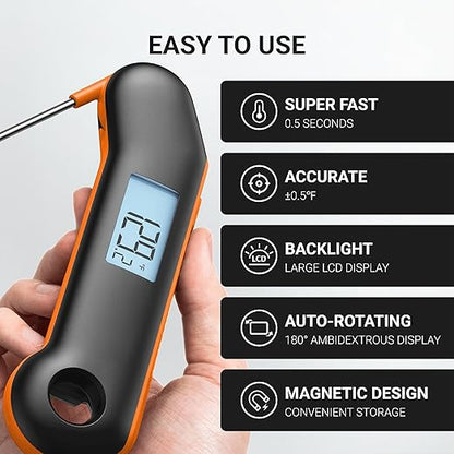 ThermoMaven Professional Meat Thermometer, Instant Read in 0.5 Sec, NIST Certified Accuracy ±0.5°F, IP67 Waterproof, Ambidextrous Backlight, Auto-Rotating Display, for BBQ/Grill/Cooking, Black&Orange