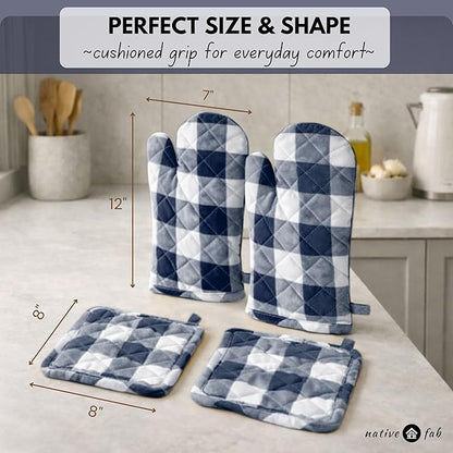 Native Fab Buffalo Plaid Check Oven Mitts and Pot Holders Set of 4, 100% Cotton