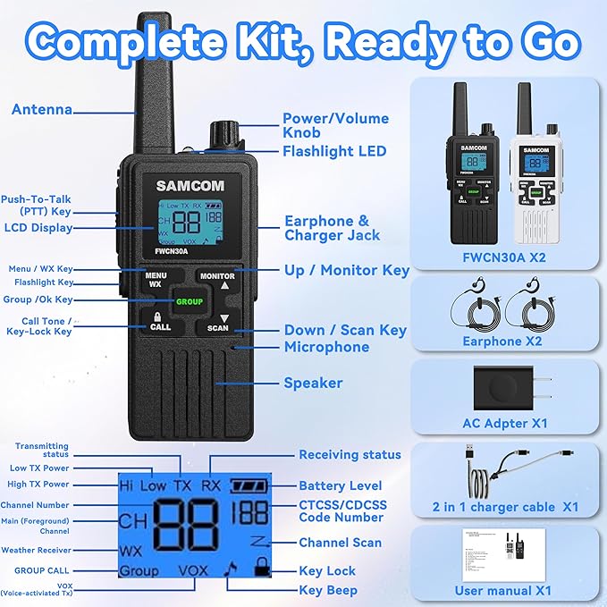 SAMCOM Group Call Walkie Talkies, FWCN30A 2 Way Radio Long Range, 22 Channel