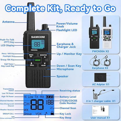 SAMCOM Group Call Walkie Talkies, FWCN30A 2 Way Radio Long Range, 22 Channel