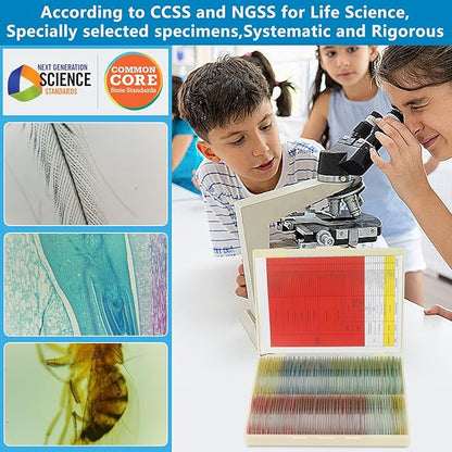 120 Microscope Slides with Specimens Set, Lab-Grade Prepared Microscope Slides for Kids Adults, Animal/Plant/Microbe/Tissue/Cells, STEM Biology Kit for Homeschool, Classroom Labs & Science Education
