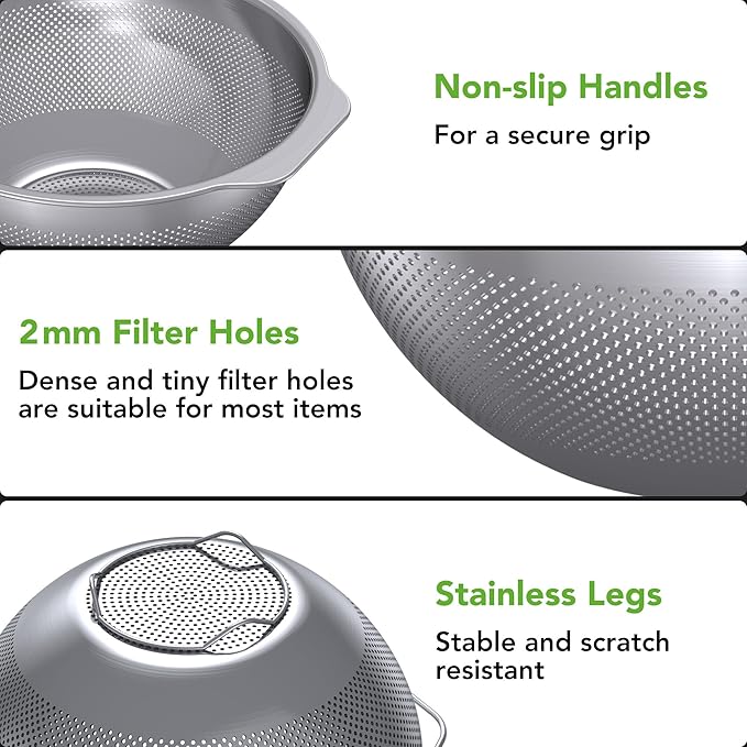 304 Stainless Steel Colander and Strainer, 5QT Large Capacity and 6QT Mixing